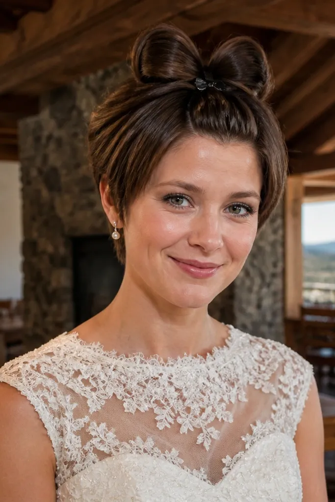 Short hair half-up with a mini bow made from pinned sections