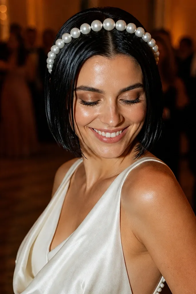 Sleek bob with a wet-look finish and a pearl headband