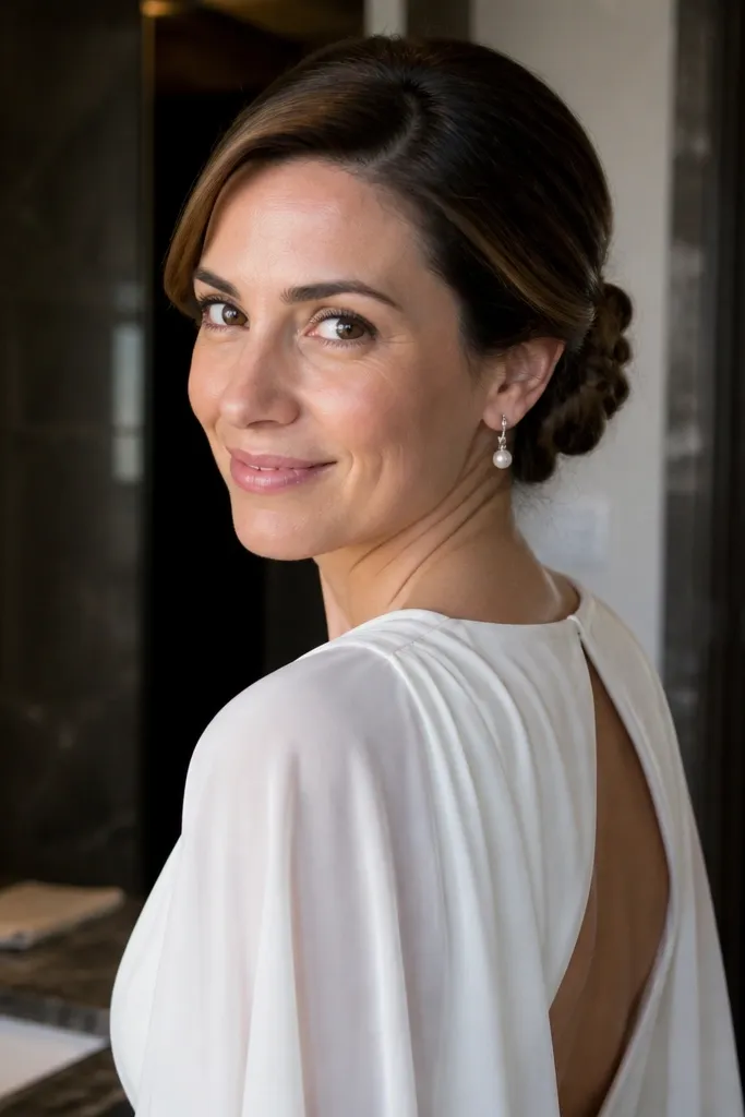 Short hair with a mini braided bun and pearl drops near the side