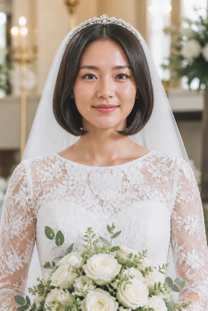 Short bob curled under with stable crown pinning for a veil