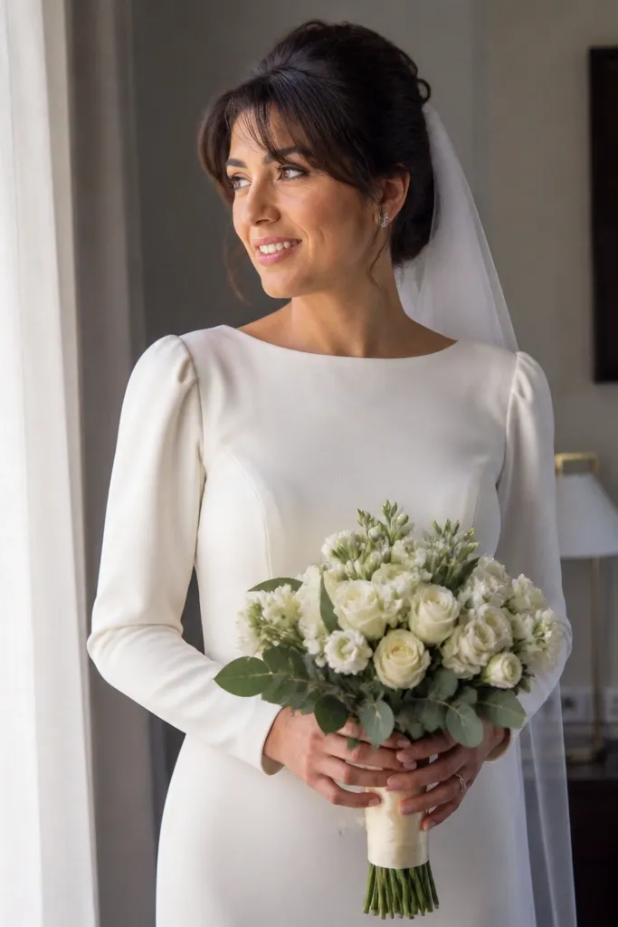 Short bob with crown twist and soft loose fringe, pearl pins around the twist