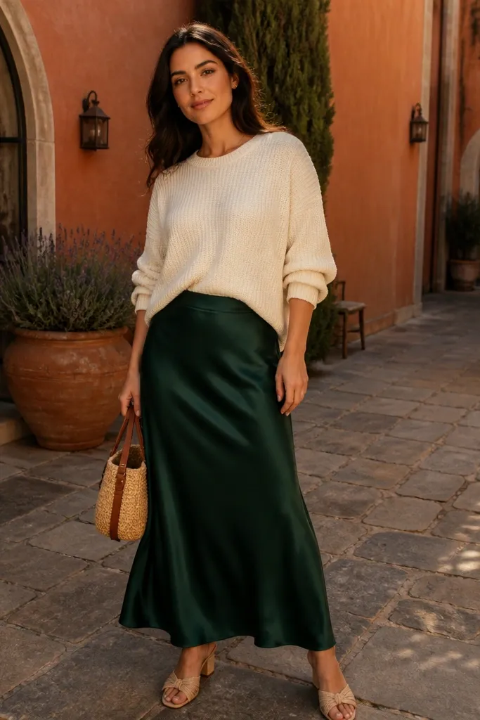 Emerald satin slip skirt with a cream knit top