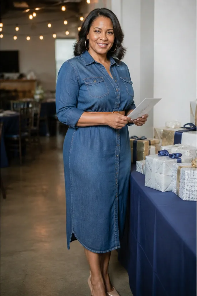 Denim blue midi shirt dress with a tan belt and tan sandals