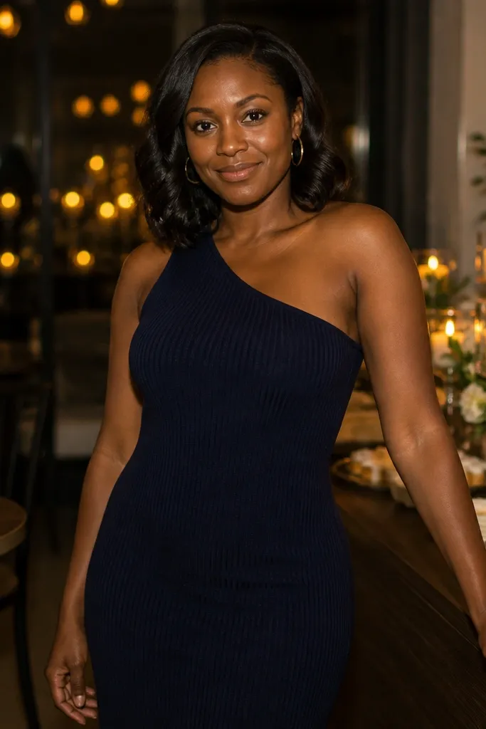 Navy one-shoulder knit dress with gold hoop earrings
