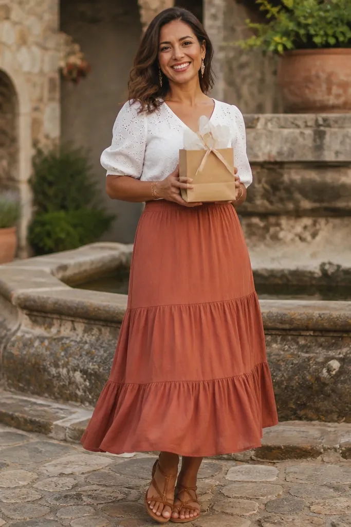 Terracotta tiered midi skirt with a white eyelet top