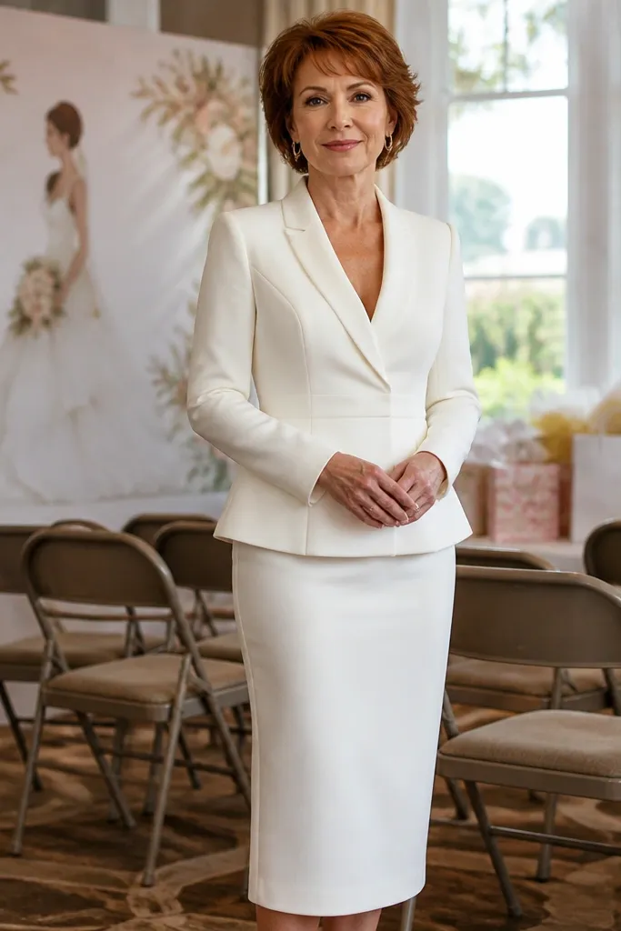 White blazer dress with a matching midi skirt and nude heels