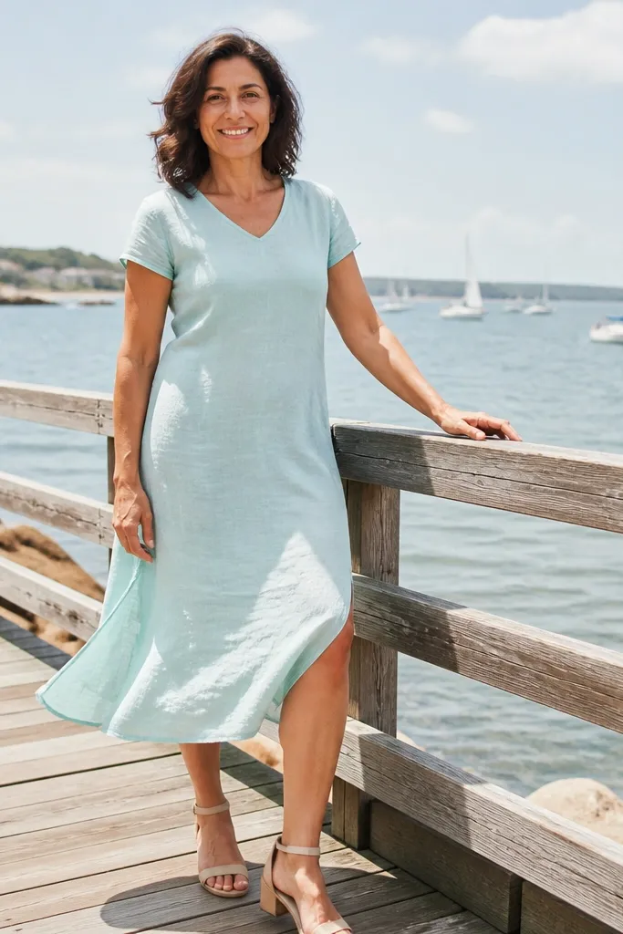 Seafoam linen blend midi dress with a side slit and tan sandals