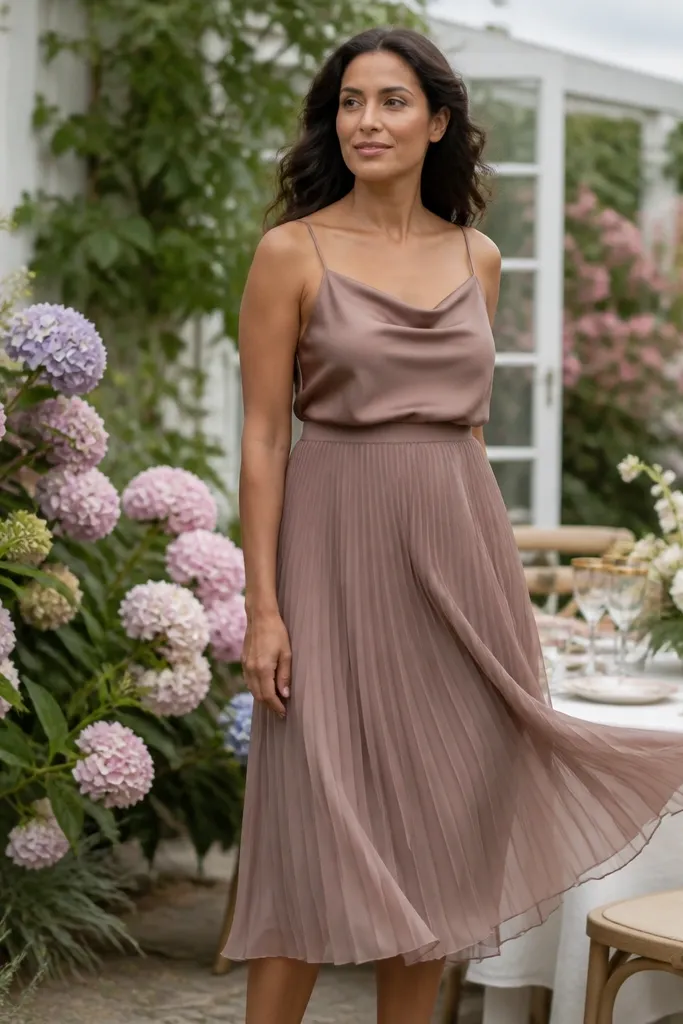 Mocha chiffon midi skirt with a satin camisole and gold sandals