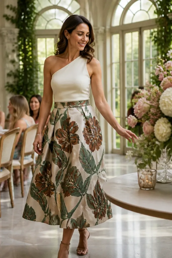 Patterned A-line midi skirt with a solid one-shoulder top