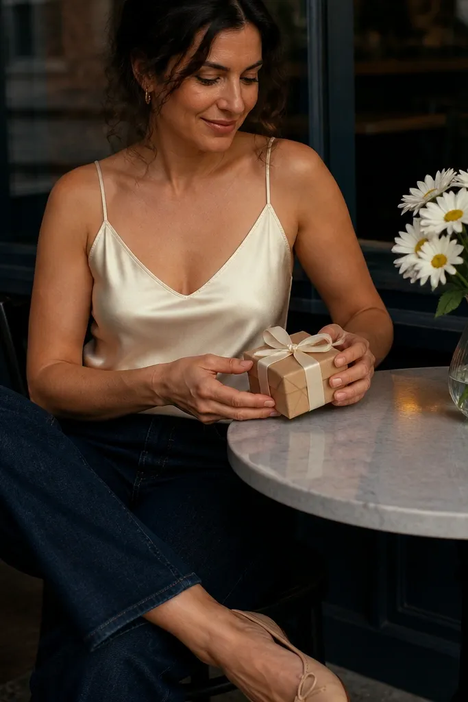 Cream satin camisole with dark jeans and tan ballet flats