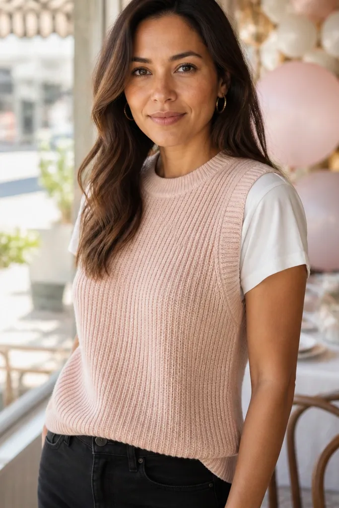 Blush sweater vest over white tee with black jeans
