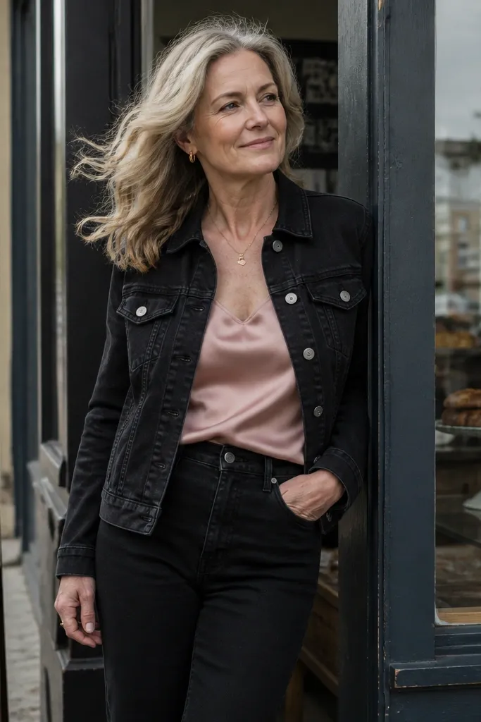 Black denim jacket over blush satin top with straight black jeans