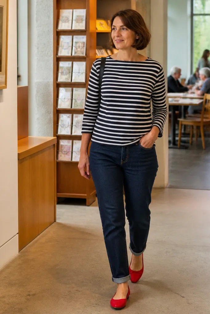 Striped boat-neck tee with indigo jeans and red ballet flats