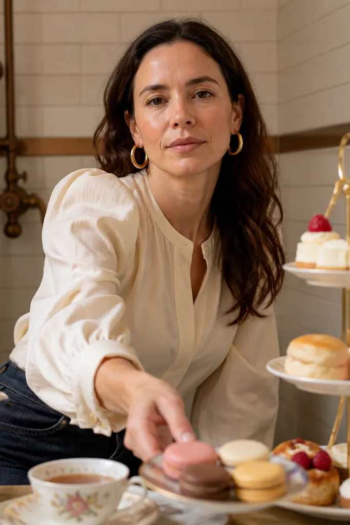 Ivory puff-sleeve blouse with dark jeans and gold hoops