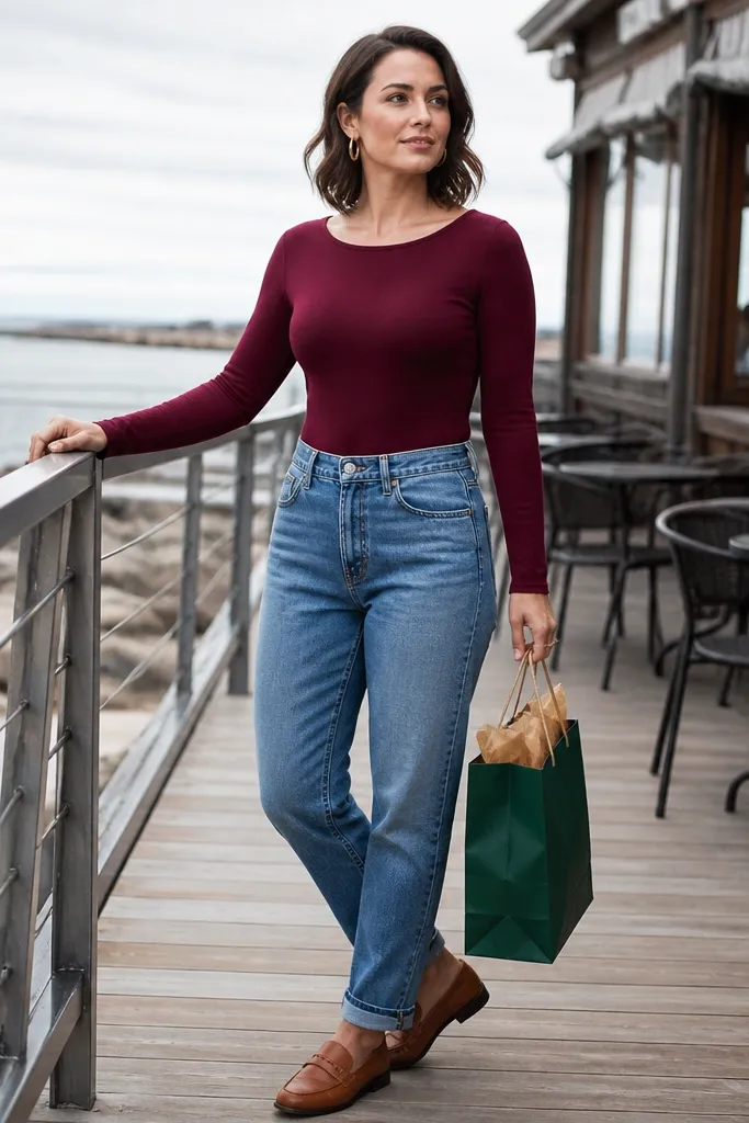 Burgundy long-sleeve bodysuit with mid-wash jeans and cognac loafers