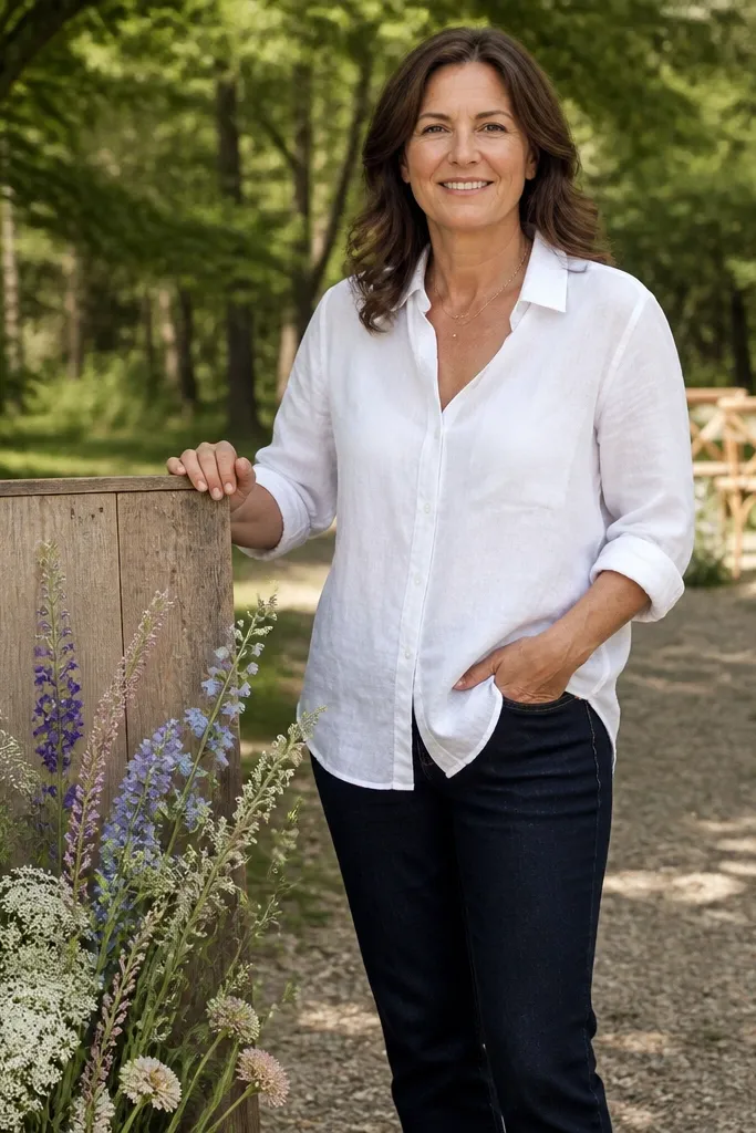 White linen blend blouse with rolled sleeves and dark straight jeans