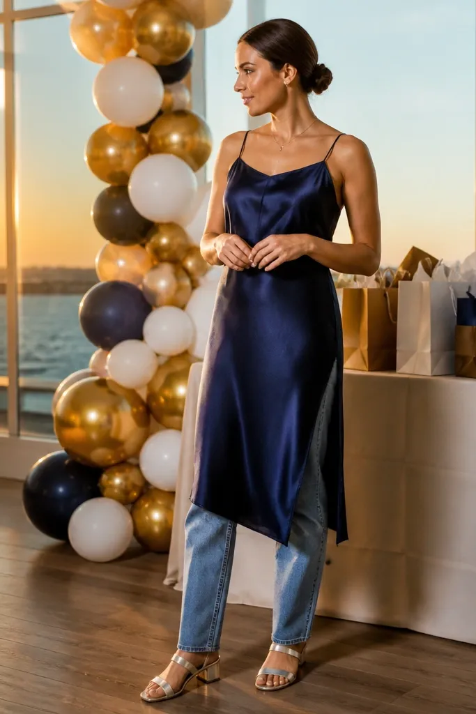 Navy satin slip-style top layer over jeans and metallic low-heel sandals