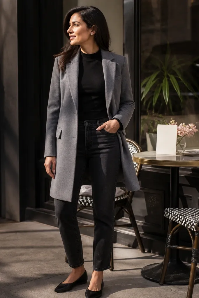 Gray longline blazer over black mock-neck top with black jeans
