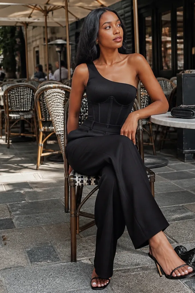 Black one-shoulder corset-style top with wide-leg trousers and pointed-toe heels