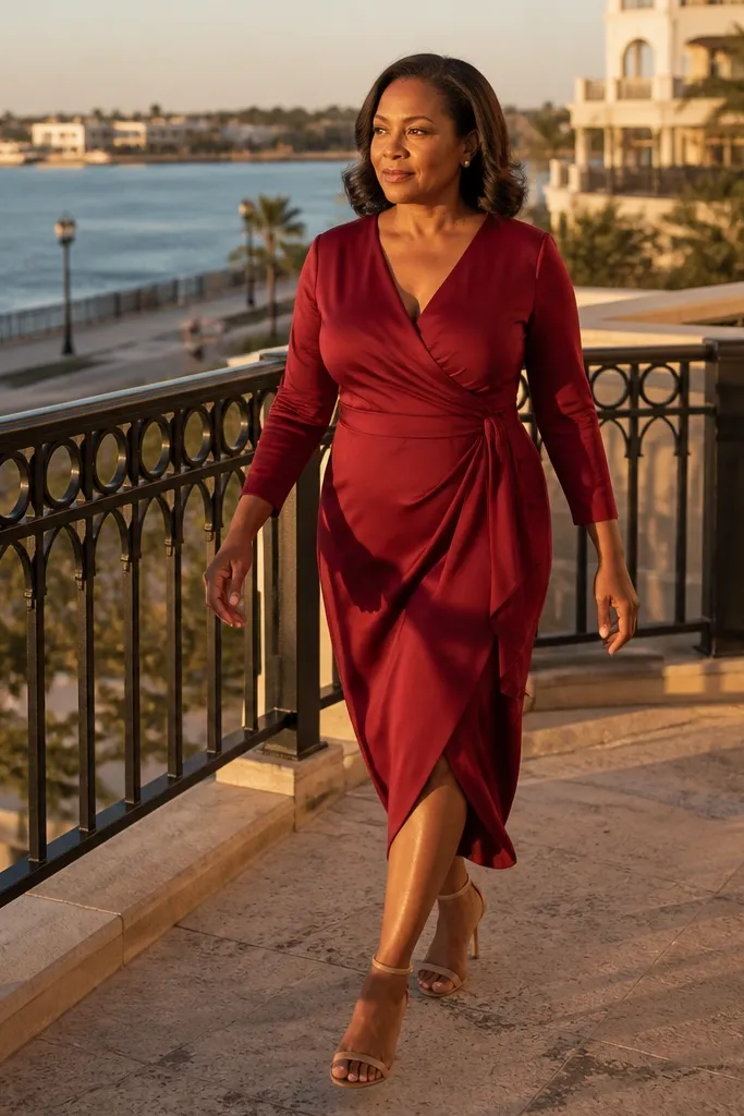 Vivid wine wrap dress with a V neckline and nude strappy heels