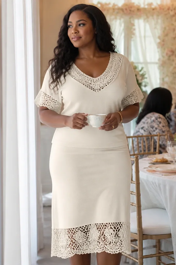 Ivory crochet-trim top with a matching midi skirt and gold accents