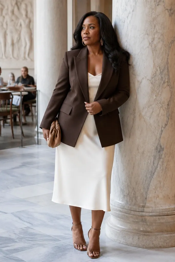 Chocolate blazer over a cream midi slip dress with heeled sandals