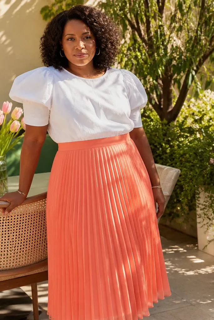 Coral pleated midi skirt with a white puff sleeve top and nude heels