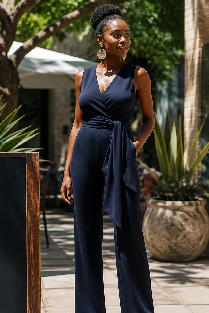 Navy crepe jumpsuit with tie waist and statement earrings
