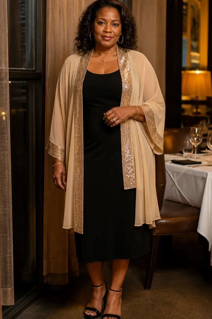 Champagne kimono with sequin trim over a black midi dress
