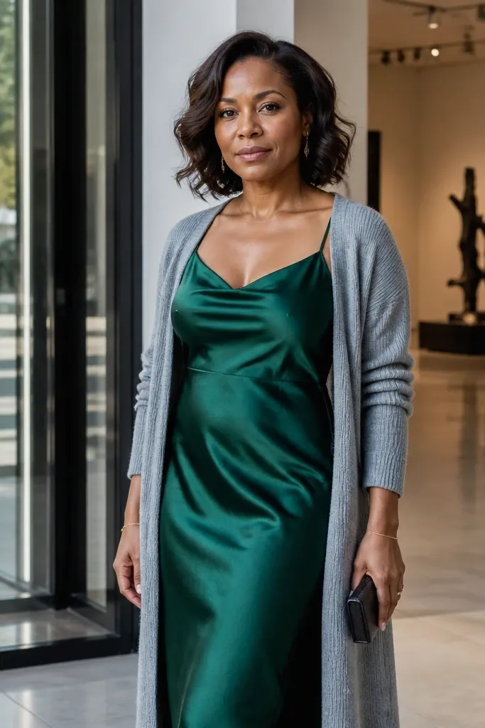 Emerald satin slip dress with a long cardigan and strappy heels