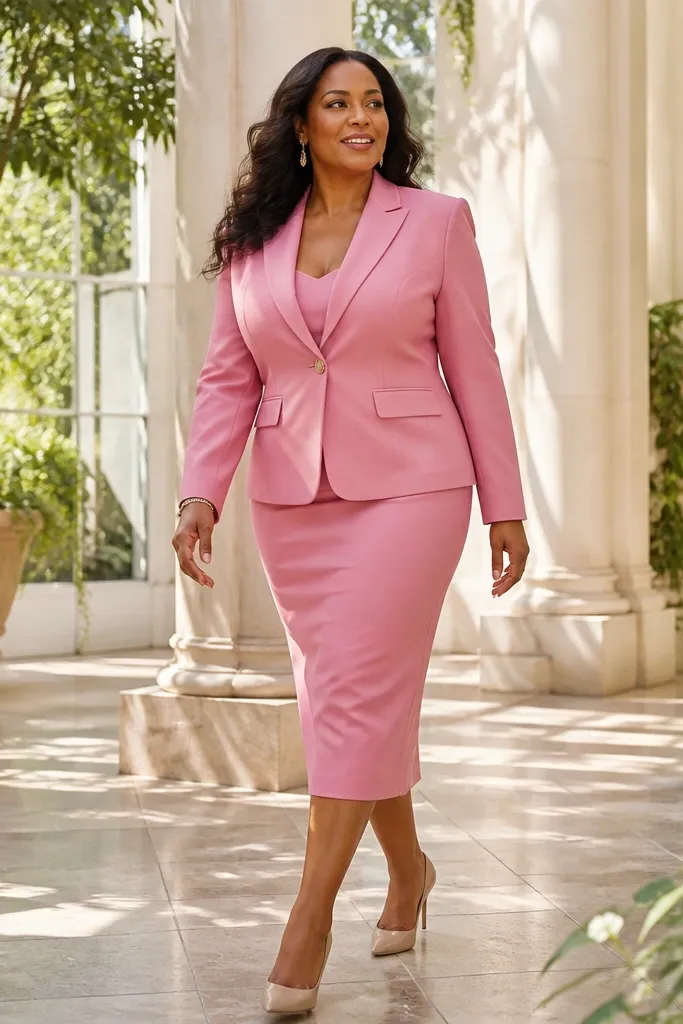 Rose pink crepe skirt suit with a slim blazer and matching skirt