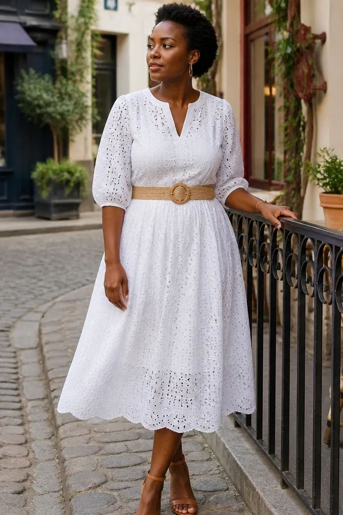 White eyelet midi dress with a tan woven belt and flat sandals