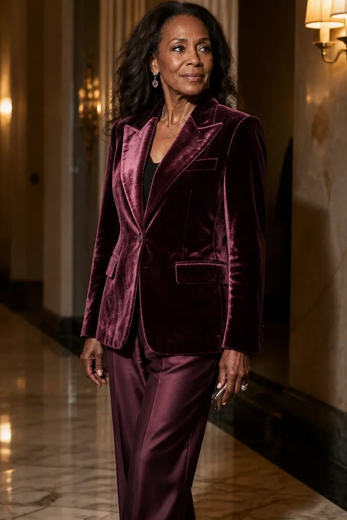 Plum velvet blazer with satin-like trousers and sleek heels