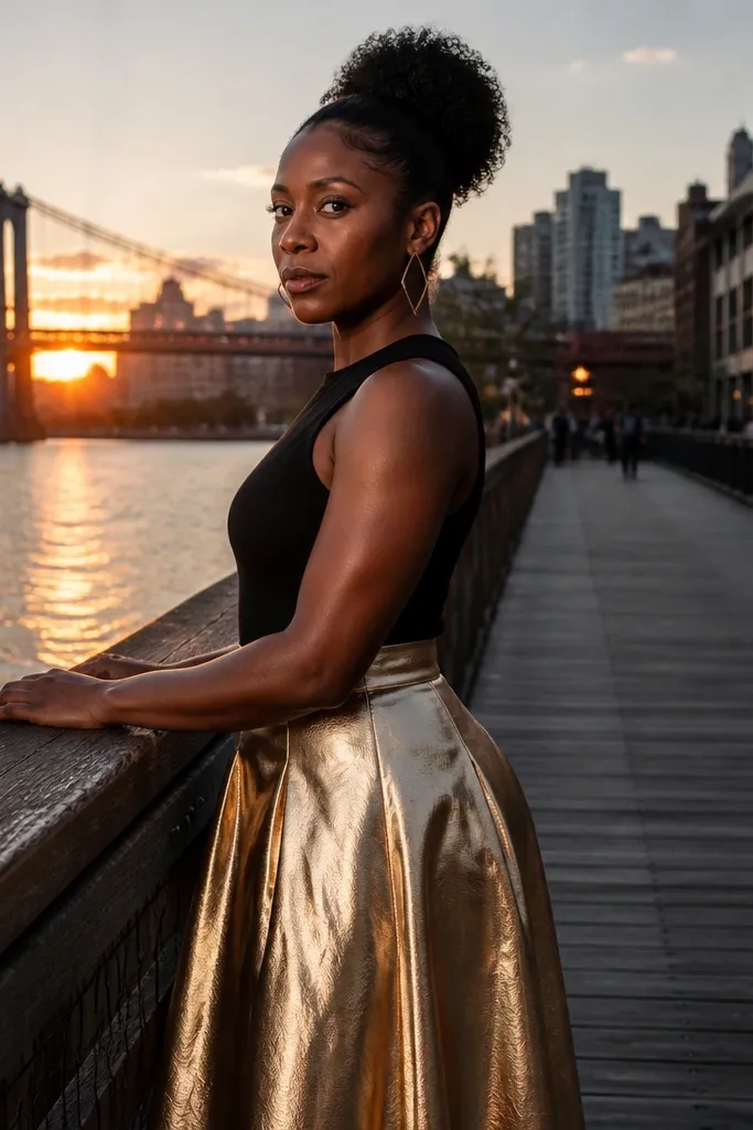 Gold metallic midi skirt with a black sleeveless top and black heels
