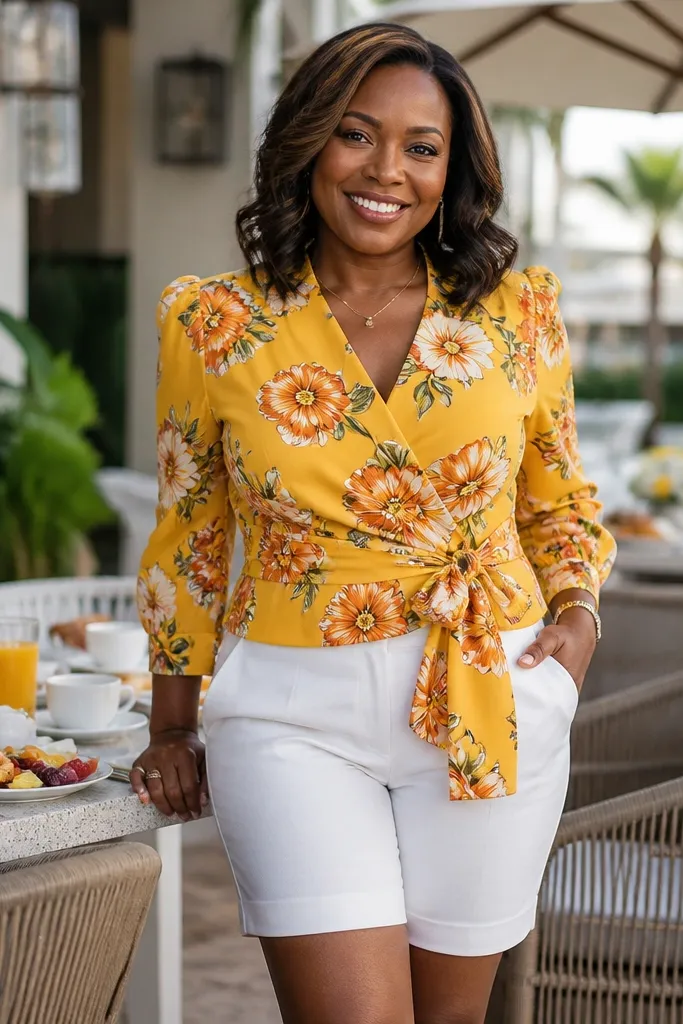 Marigold floral wrap top with white tailored shorts and tan wedges