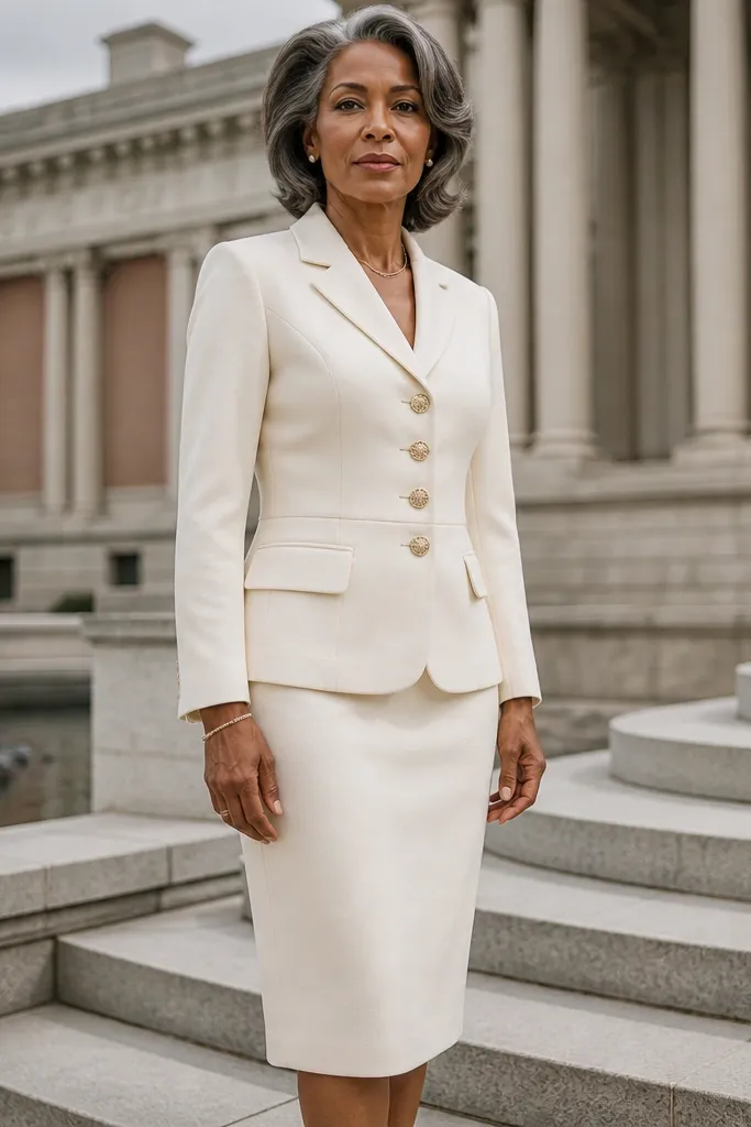Ivory blazer dress with buttons and a tapered skirt with pointed heels