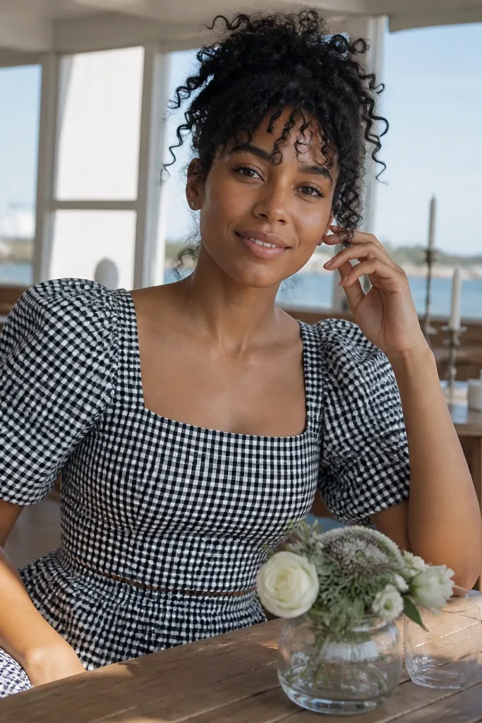 Black and white gingham puff sleeve dress with a fitted waist
