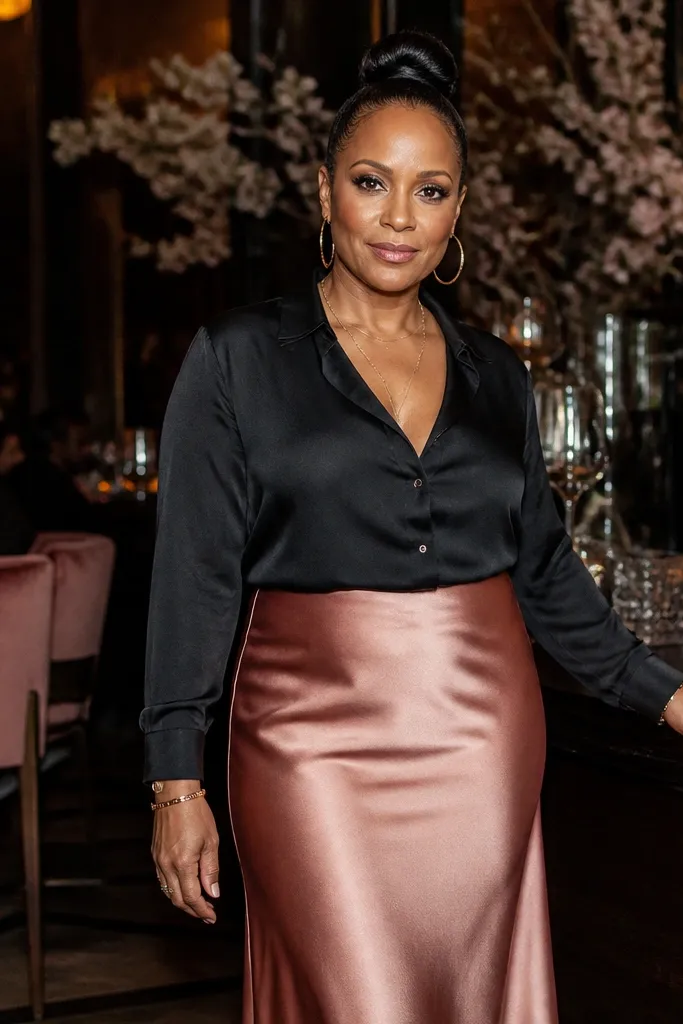 Rose gold satin slip skirt with a black satin-like blouse and gold heels