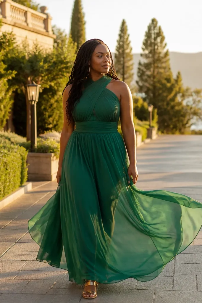 Emerald chiffon maxi dress with a lined bodice and gold sandals