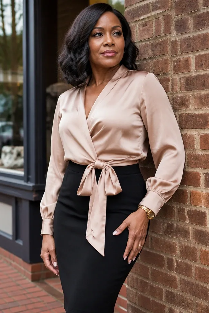 Black crepe skirt with a satin waist-tie blouse and strappy heels