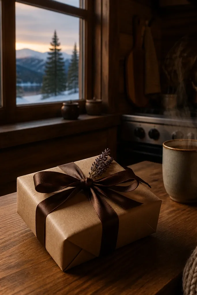 Oatmeal gift box with espresso ribbon, dried lavender, and a cabin-themed plan card