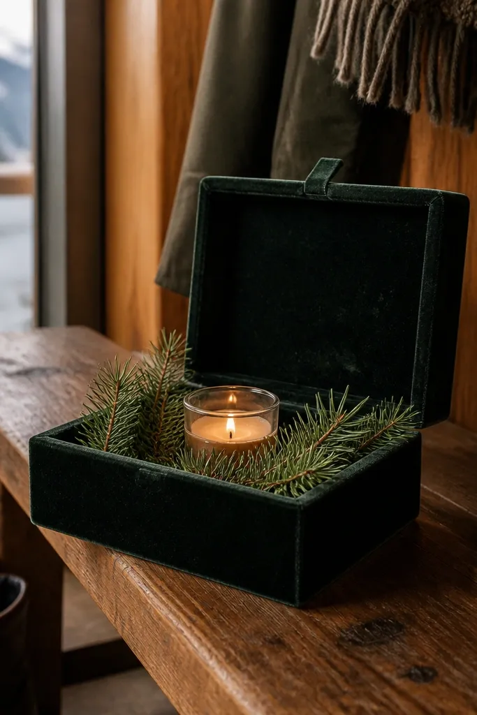 Deep green velvet box with a small candle, pine branches, and a gold ask card