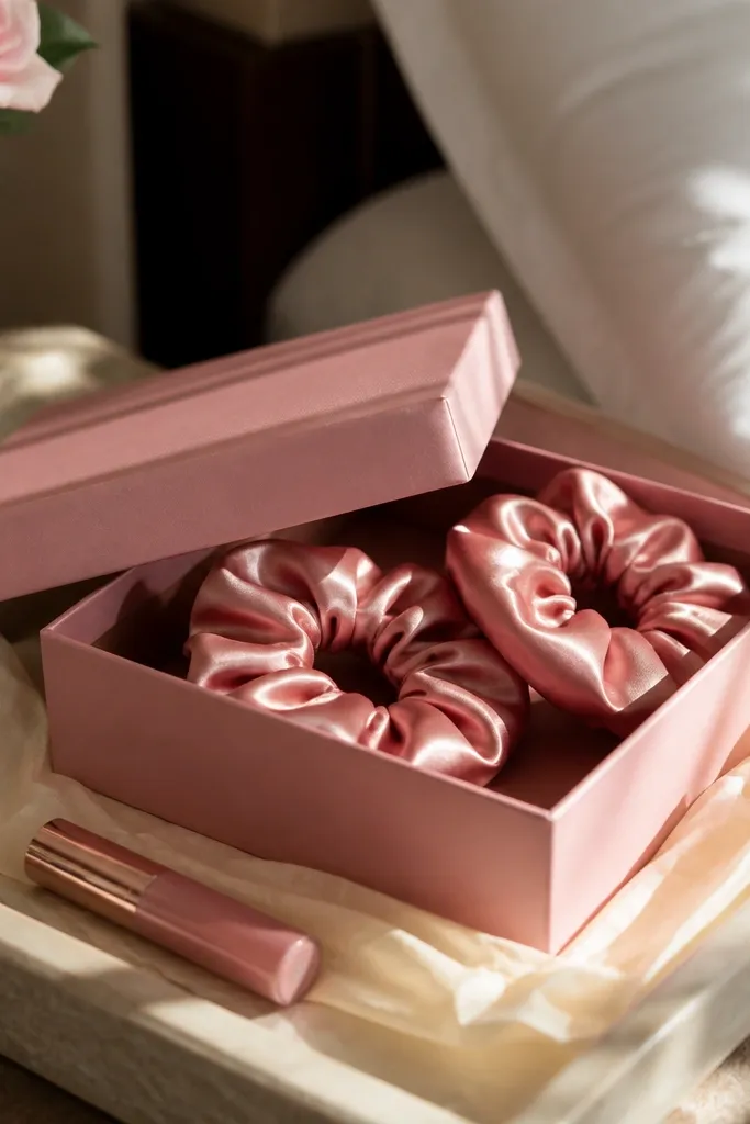 Blush rose box with silk scrunchies, rose lip balm, and a soft pink plan card