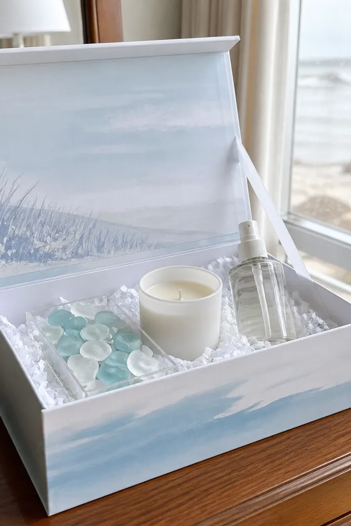 Light blue and white box with sea glass candies, a small candle, and a beachy plan card