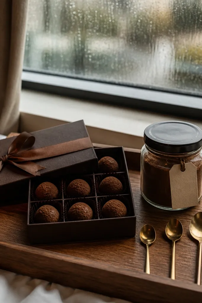 Brown gift box with cocoa mix packet, mini gold spoon, and a handwritten-style ask card