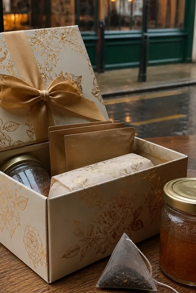 Cream box with gold ribbon, mini jam jar, small tea sachets, and a tea-date plan card