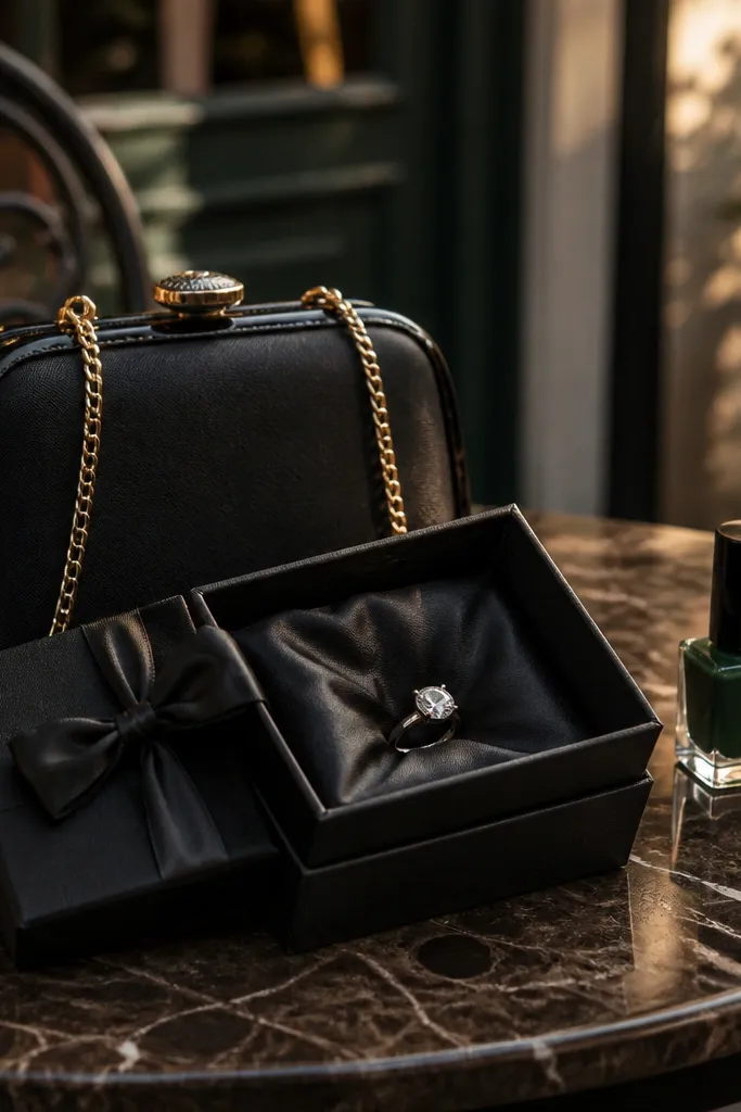 Black box with a tiny clutch, nail polish bottle, and a gold ask card