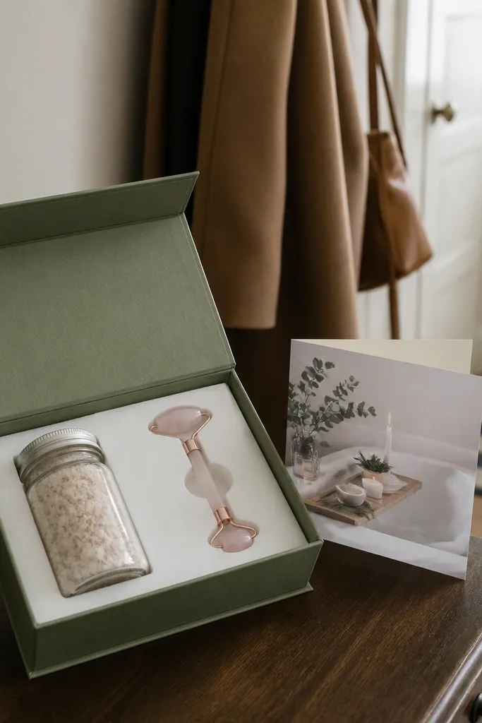 Sage green box with bath soak packet, face roller, and a spa day plan card