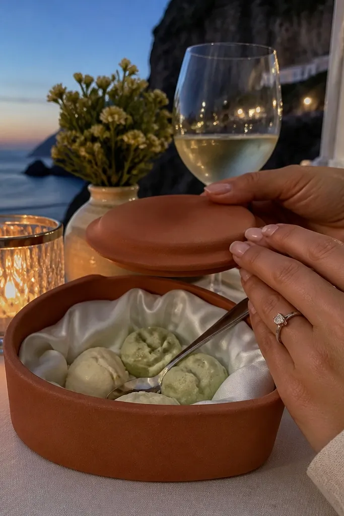 Terracotta and white box with gelato-colored candies, a small gelato spoon, and ask card