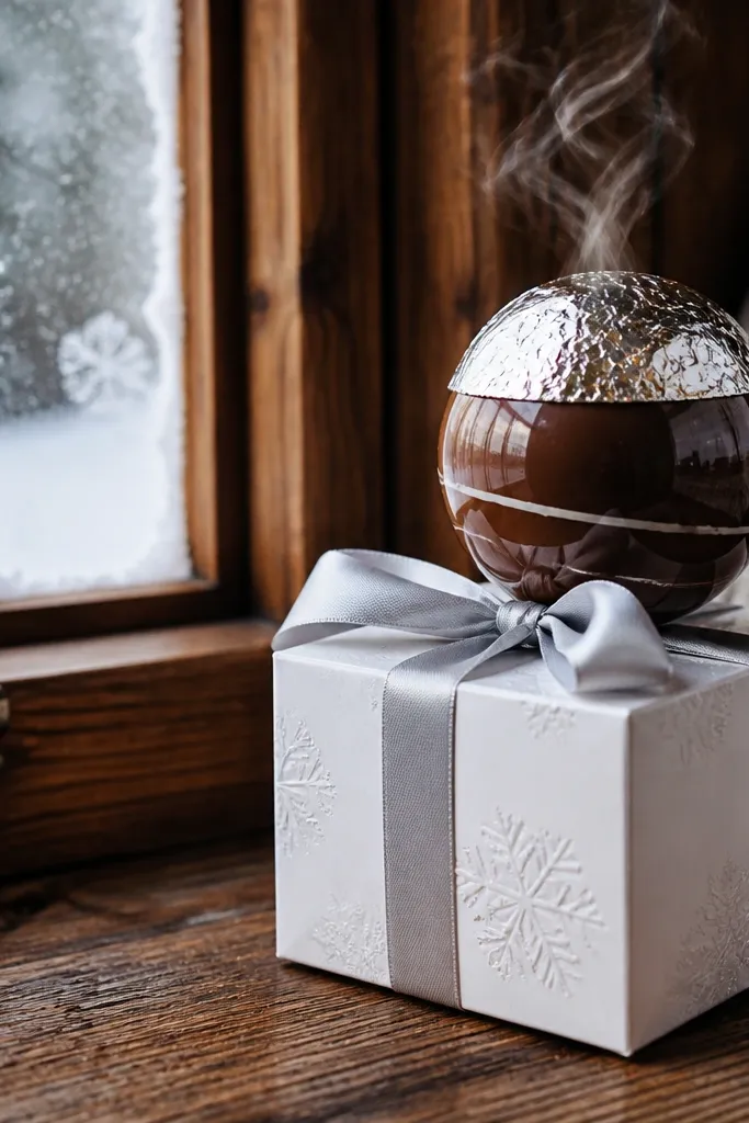 White and silver gift box with a cocoa bomb, sparkly ribbon, and a winter plan card